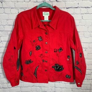 The Quacker Factory Womens Floral Embroidered Denim Jacket Red Sz L Artsy Casual